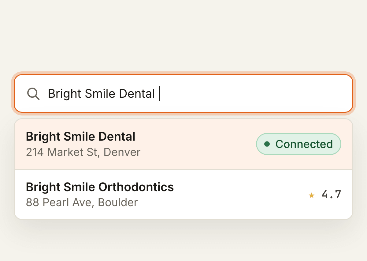A search box with a business name typed in, and the matching business in the results marked as connected.