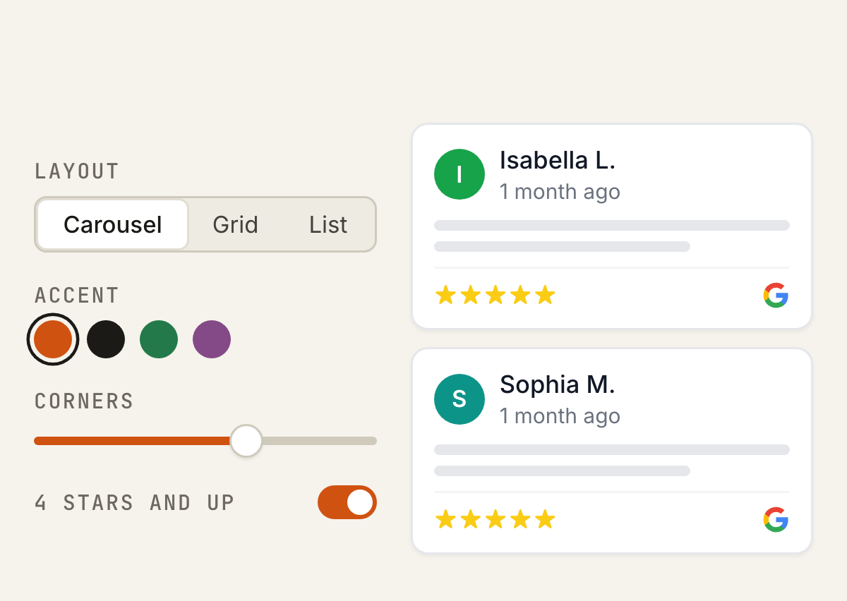 Widget settings for layout, accent color, corners, and a minimum star rating, beside a preview of two review cards.